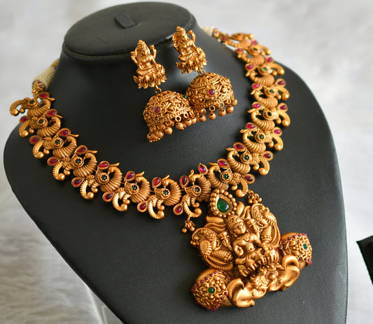 Matte finish kemp-green lakshmi peacock nakshi necklace set dj-47551