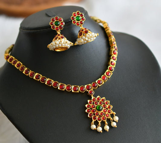 Gold tone kemp-green pearl flower necklace dj-44179