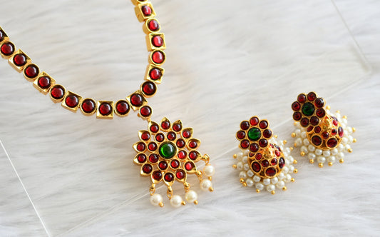 Gold tone kemp-green pearl flower necklace dj-44179