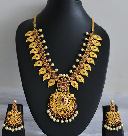 Gold tone ruby-pearl mango peacock necklace set dj-47559