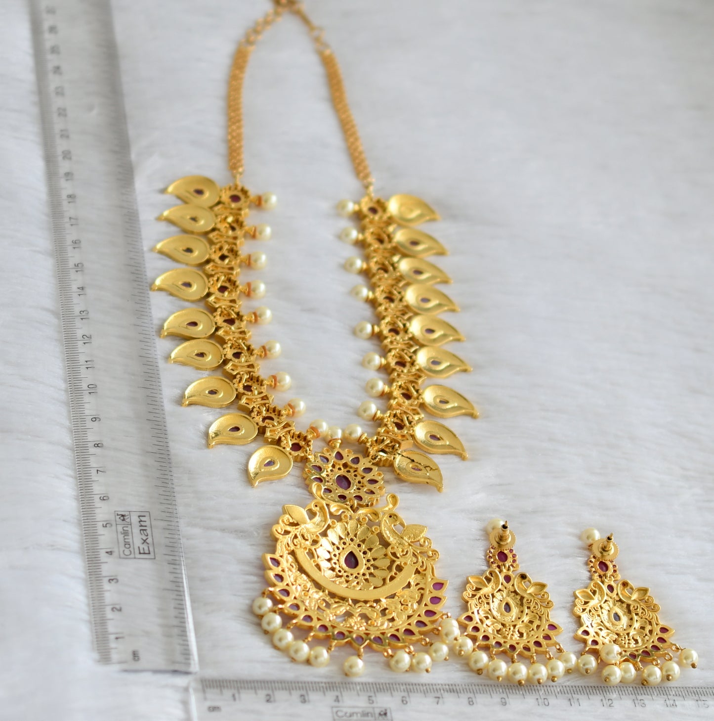 Gold tone ruby-pearl mango peacock necklace set dj-47559