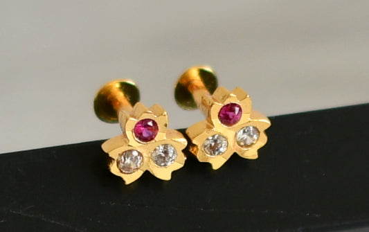 Gold tone pink-white stone small flower kid's or side earrings dj-49394