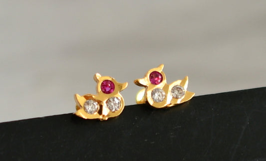 Gold tone pink-white stone small peacock kid's or side earrings dj-49395