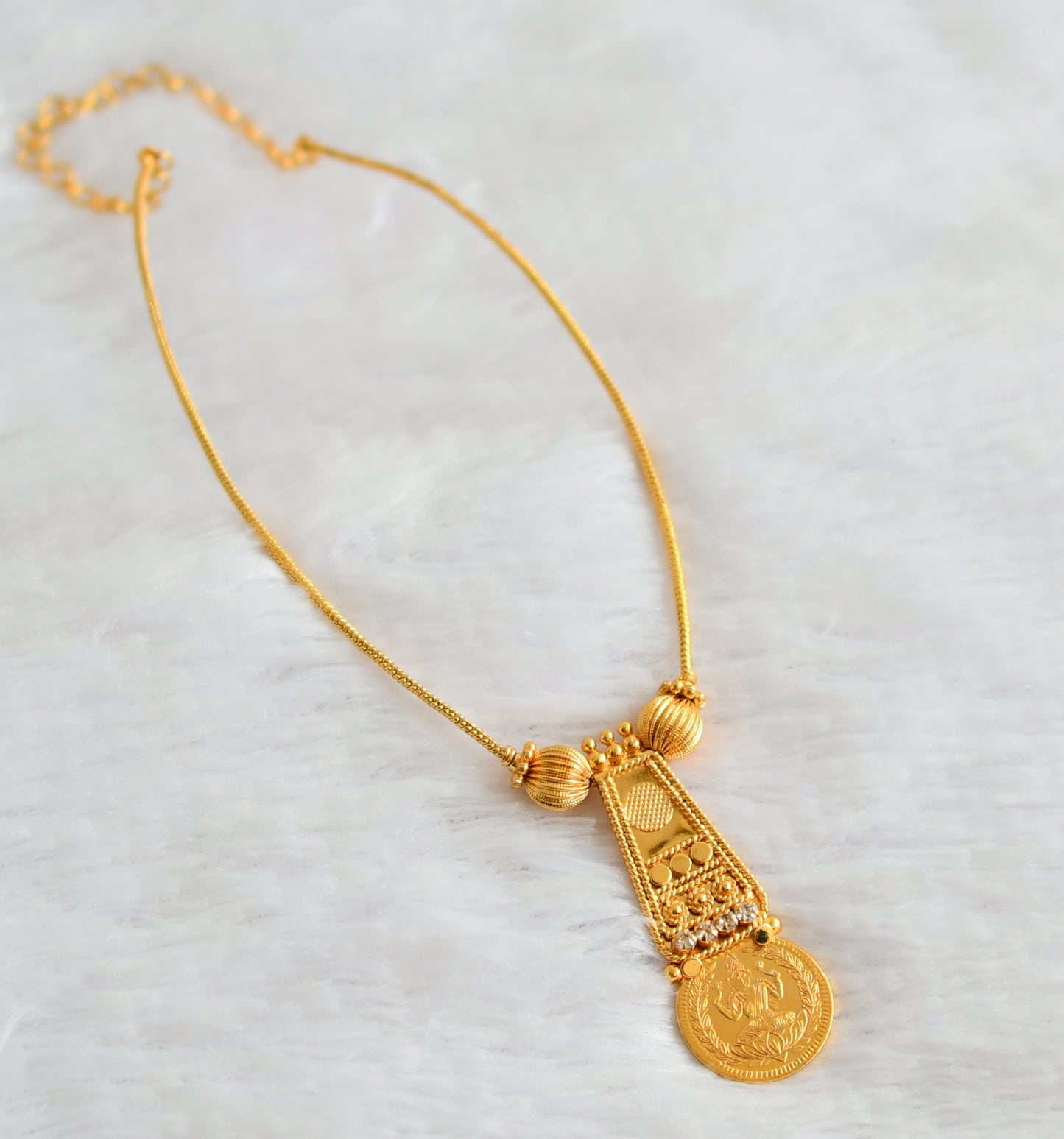 Gold tone kerala style white stone lakshmi coin necklace dj-49384