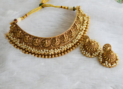 Antique gold tone pearl cluster lakshmi choker necklace set dj-47565