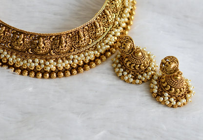 Antique gold tone pearl cluster lakshmi choker necklace set dj-47565