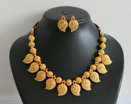 Matte finish kemp-stone mango flower maroon dori necklace set dj-49390