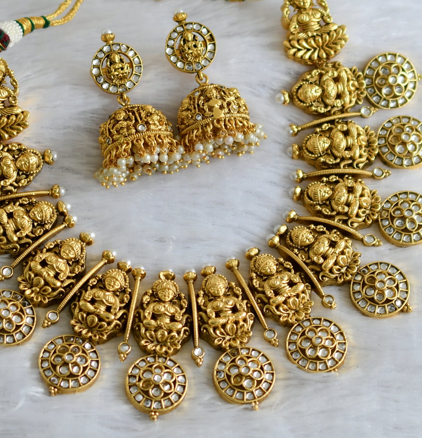 Matte finish white kundan jadau lakshmi flower necklace set dj-47568