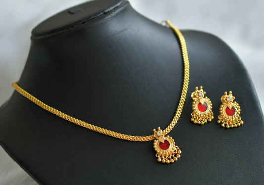 Gold tone red round pendant necklace set dj-42628