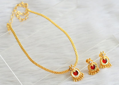 Gold tone red round pendant necklace set dj-42628