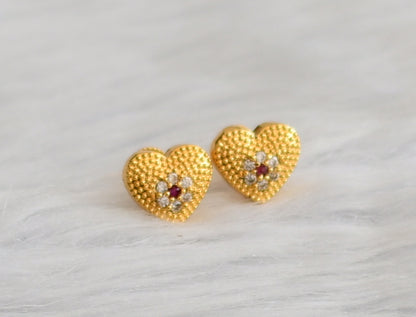 Gold tone cz white-ruby stone heart earrings/stud dj-45935