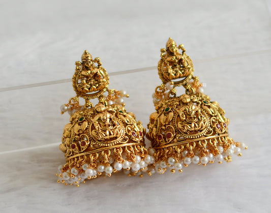 Antique gold tone pink-green Lakshmi pearl big jhumkka dj-31488