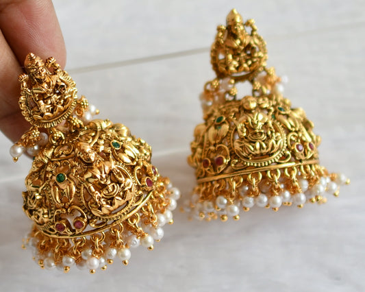 Antique gold tone pink-green Lakshmi pearl big jhumkka dj-31488