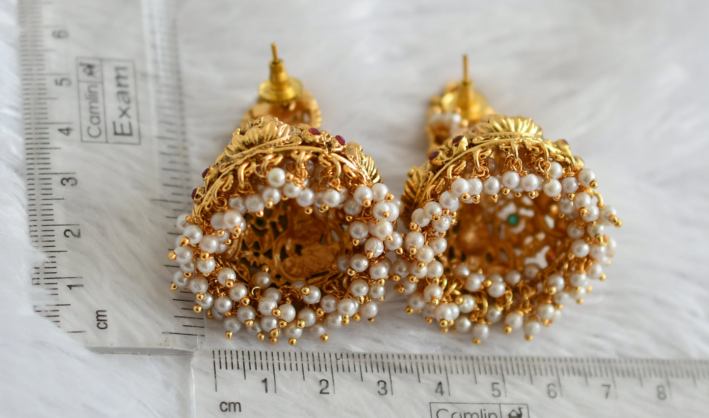 Antique gold tone pink-green Lakshmi pearl big jhumkka dj-31488