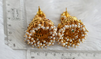 Antique gold tone pink-green Lakshmi pearl big jhumkka dj-31488