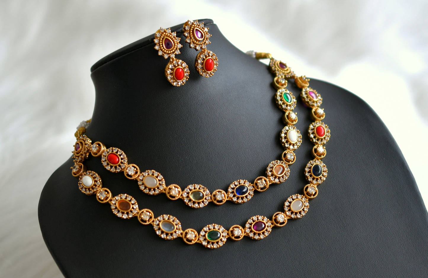 Matte Finish Cz-navarathna Double layer Necklace Set dj-33195