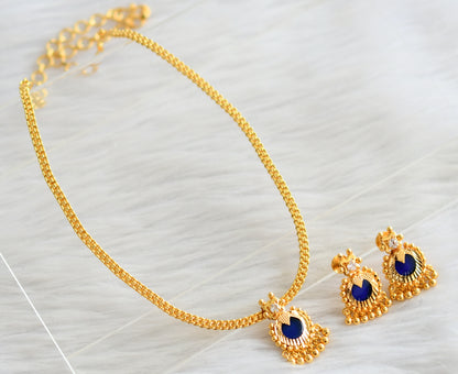 Gold tone blue round pendant necklace set dj-42627