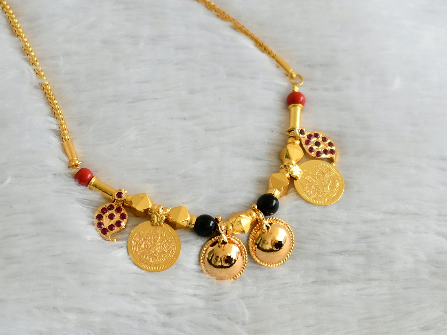 Gold tone 24 inches chain with coral-black bead pink stone mango lakshmi coin bottu mangalyam dj-47557