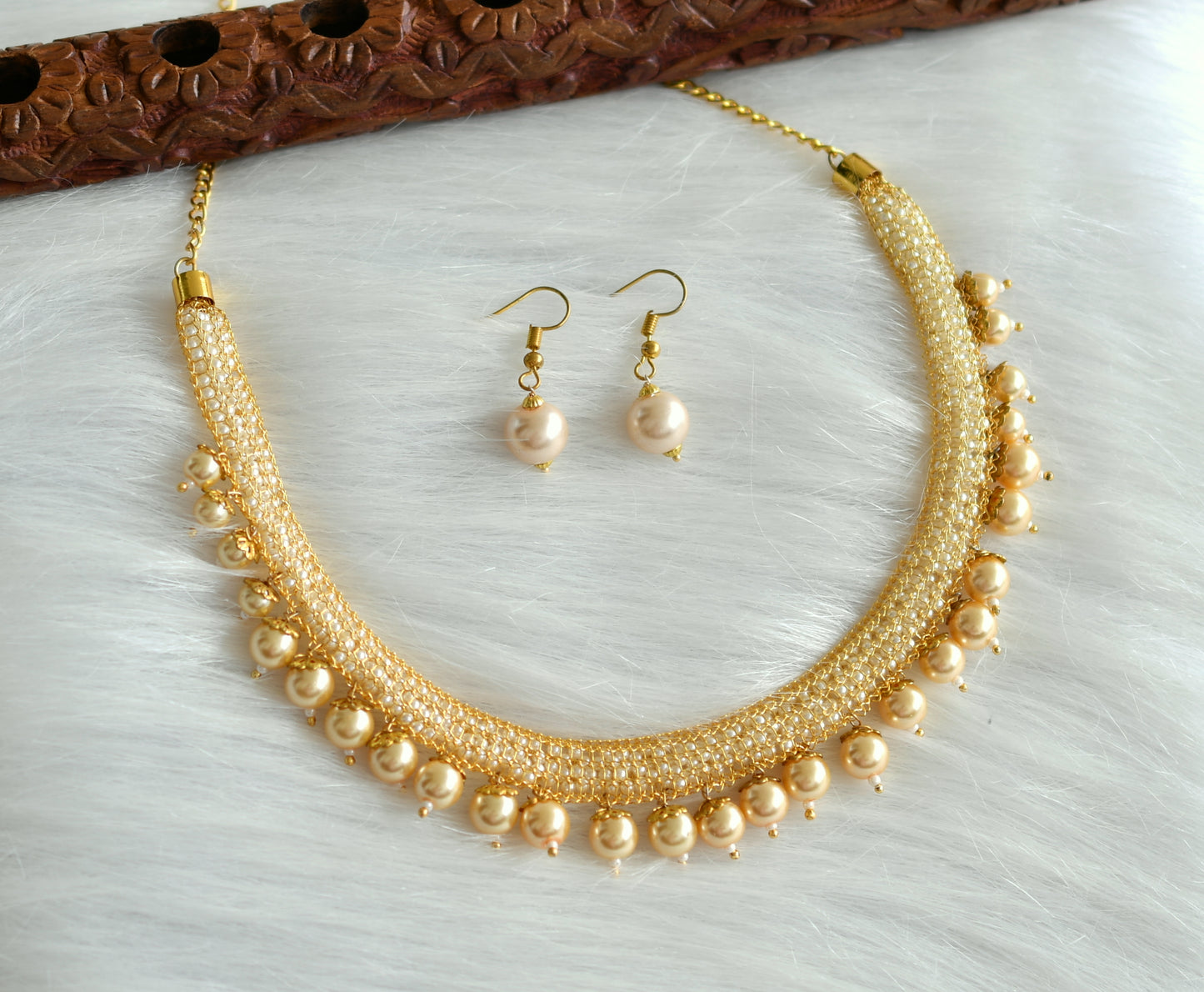 Gold tone pearl bead necklace set dj-16224