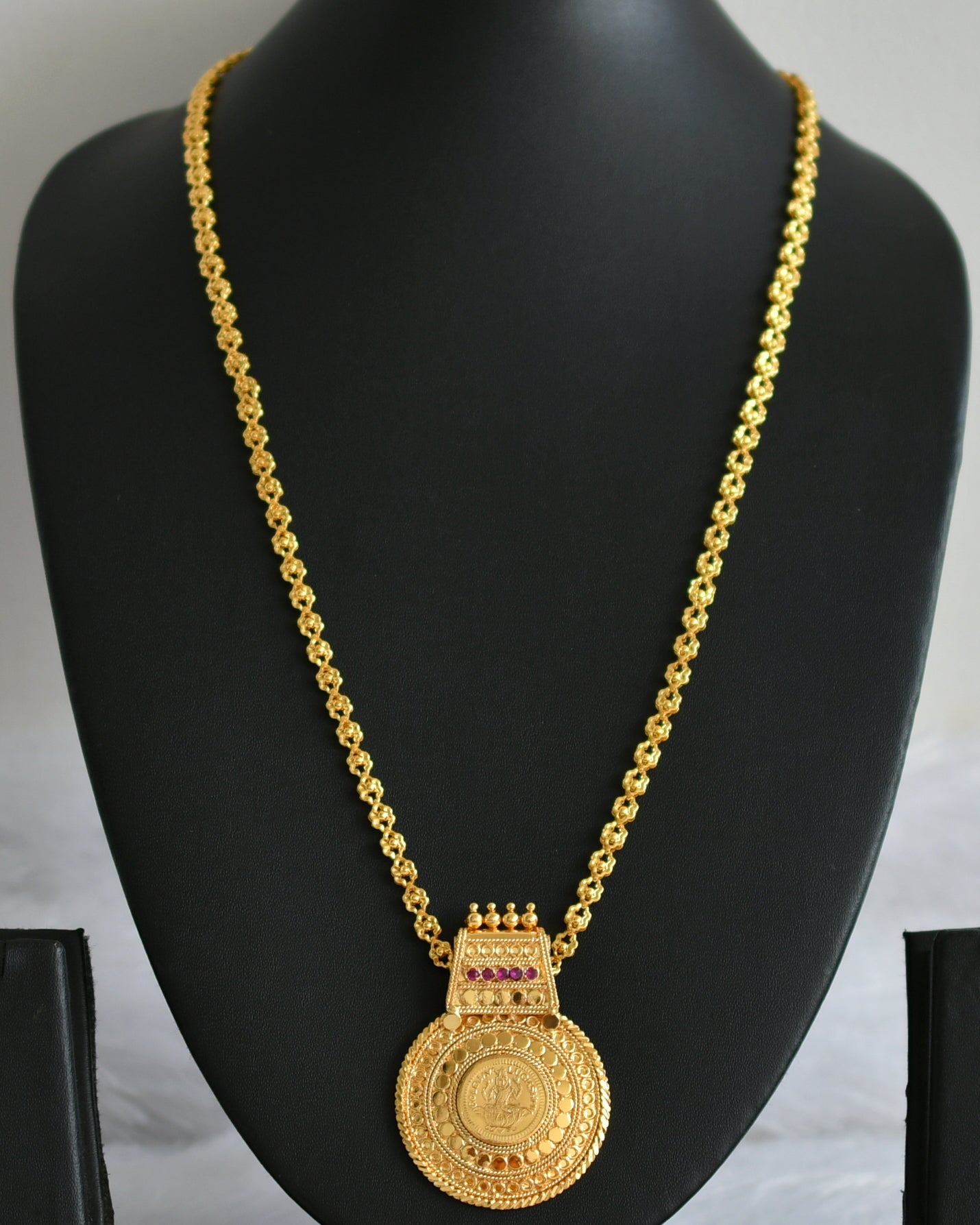 Gold tone 24 inches chain with pink stone lakshmi round pendant dj-49403