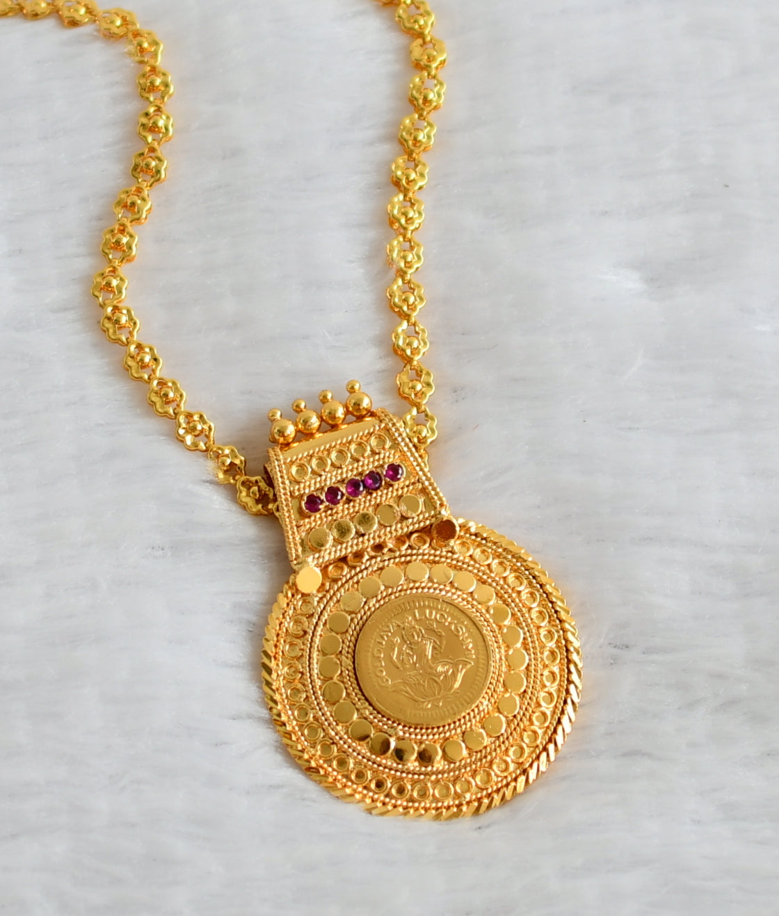 Gold tone 24 inches chain with pink stone lakshmi round pendant dj-49403