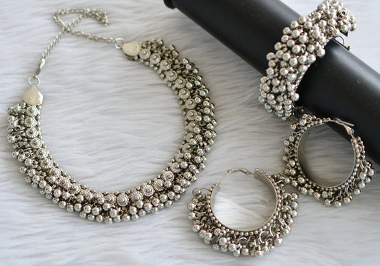 Silver tone cluster necklace combo set dj-44220