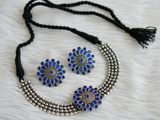 Silver tone blue flower choker necklace set dj-44208