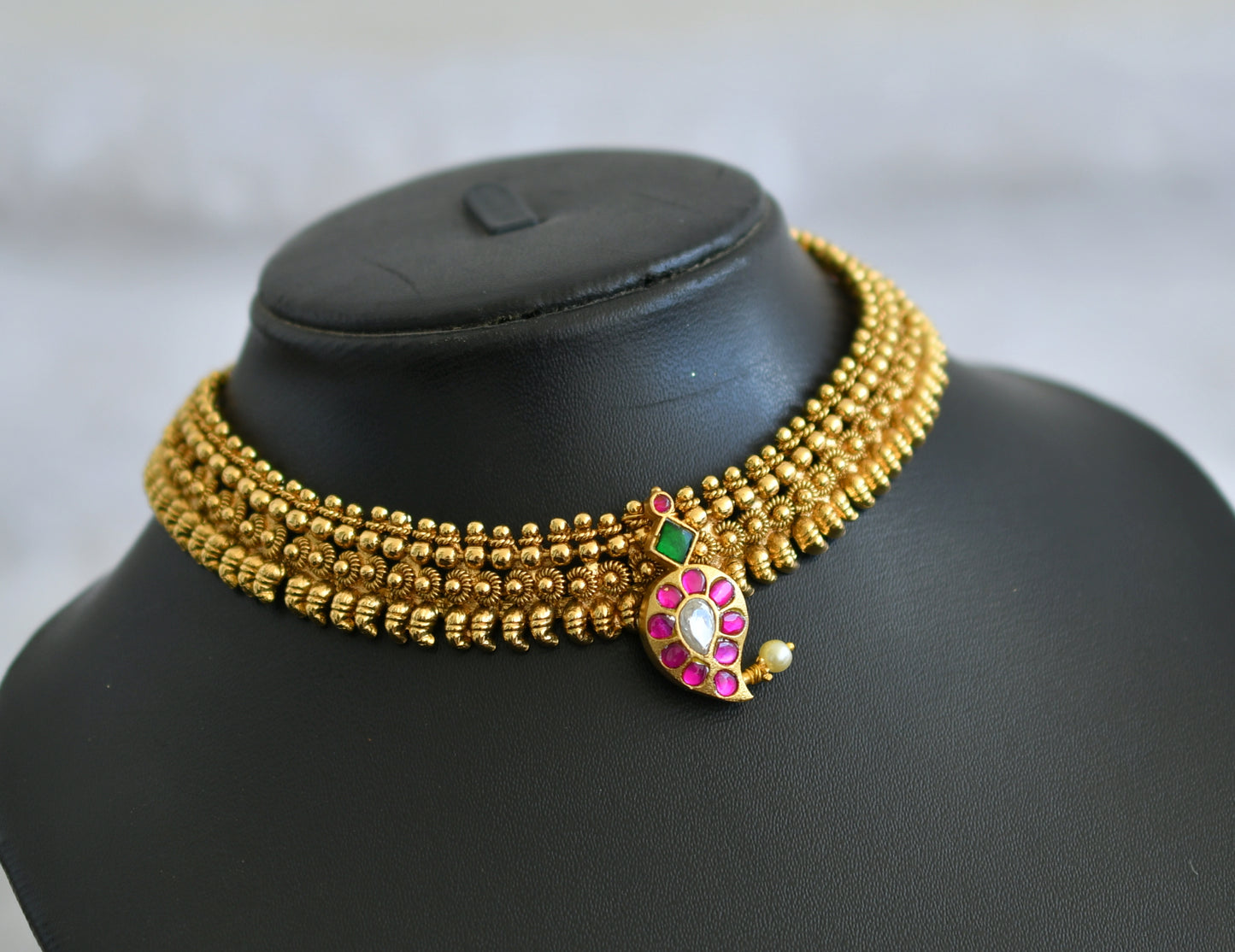 Antique gold tone pink-green-white kundan jadau mango choker necklace dj-47580