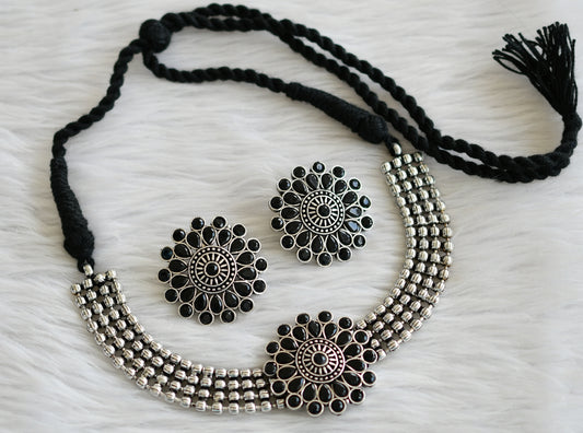 Silver tone black flower choker necklace set dj-44210