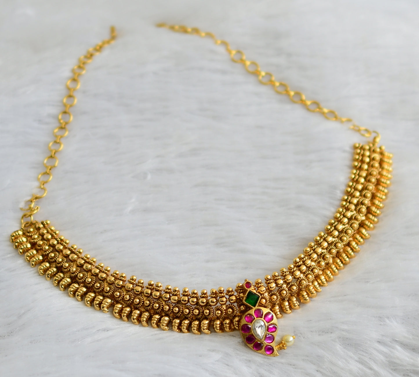 Antique gold tone pink-green-white kundan jadau mango choker necklace dj-47580