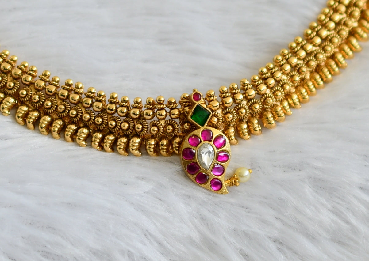 Antique gold tone pink-green-white kundan jadau mango choker necklace dj-47580