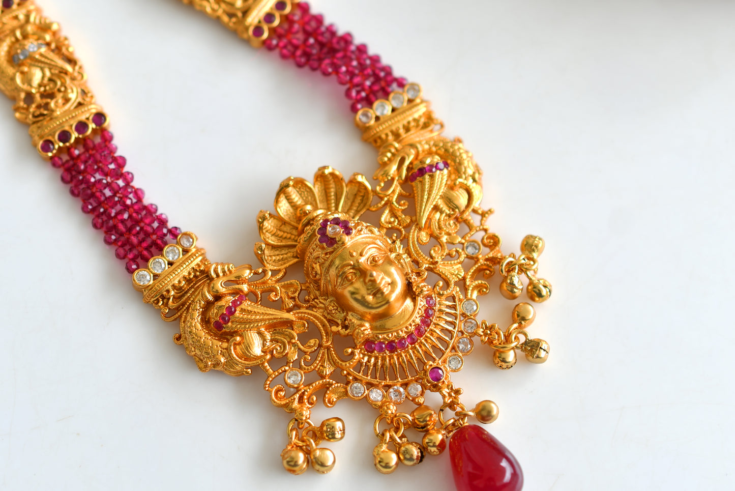 Matte Finish Cz Ruby Agates Peacock Lakshmi Haar Set DJ24778