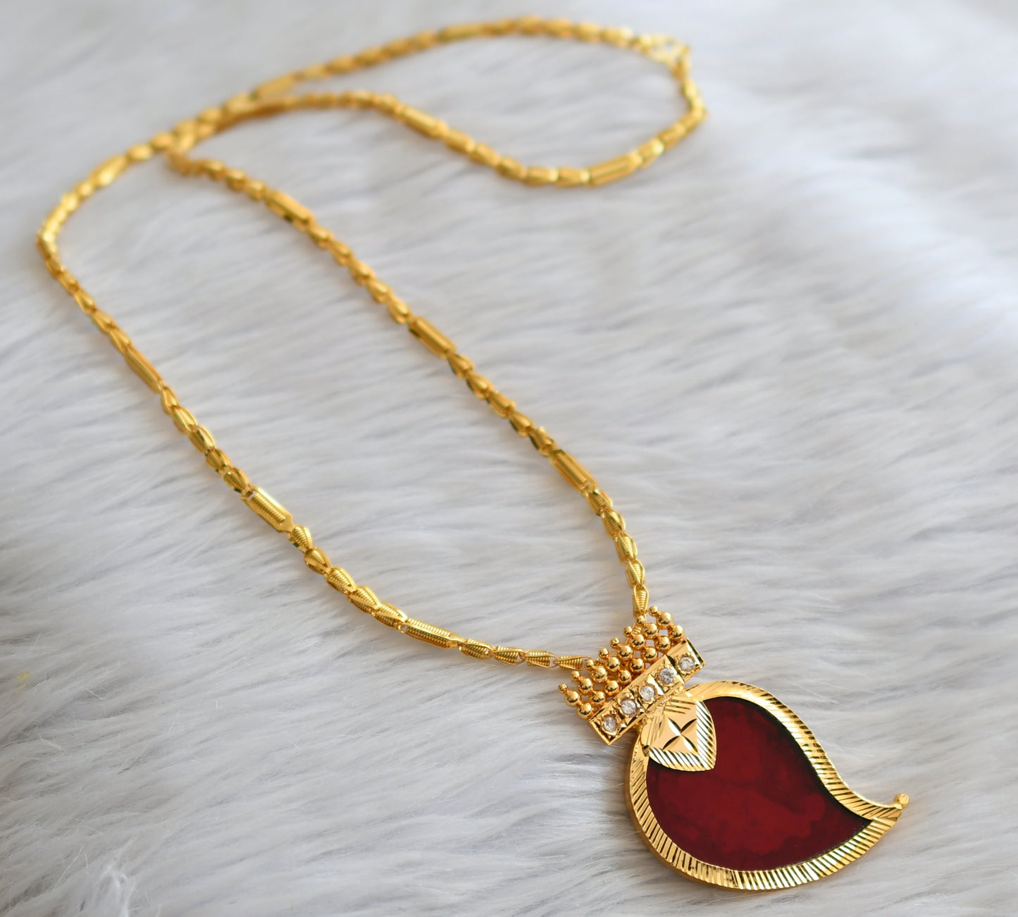 Gold tone kerala style 24 inches chain with red-white mango pendant dj-45961