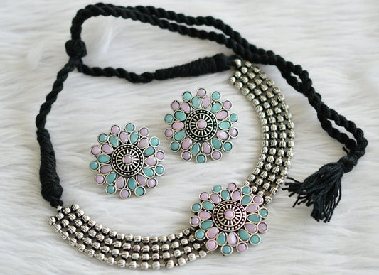 Silver tone sea green-baby pink flower choker necklace set dj-44206