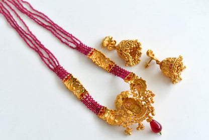 Matte Finish Cz Ruby Agates Peacock Lakshmi Haar Set DJ24778