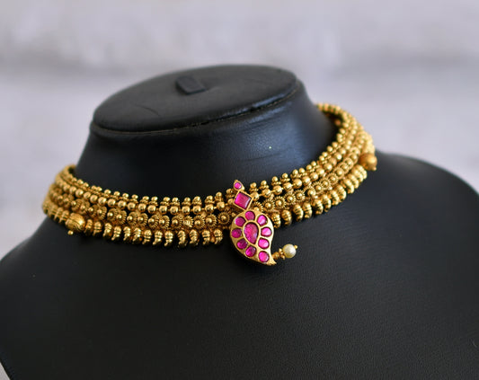 Antique gold tone pink-white kundan jadau mango choker necklace dj-47581