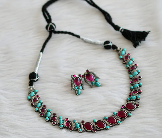 Sliver tone pink-turquoise blue necklace set dj-44205