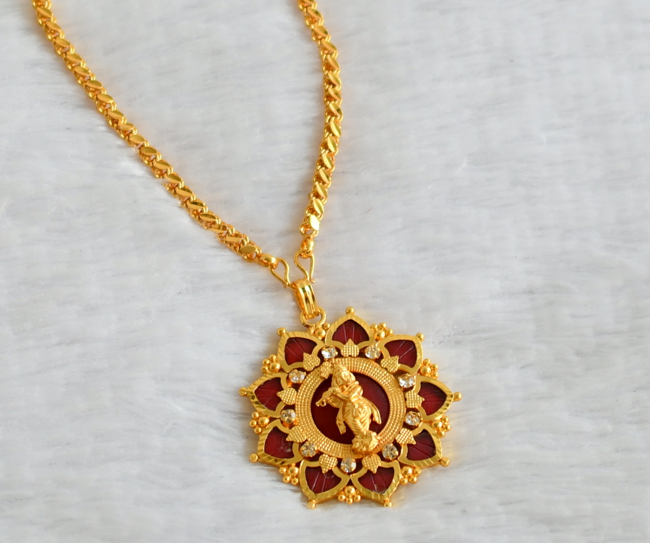 Gold tone 24 inches chain with red palakka krishna pendant dj-49406