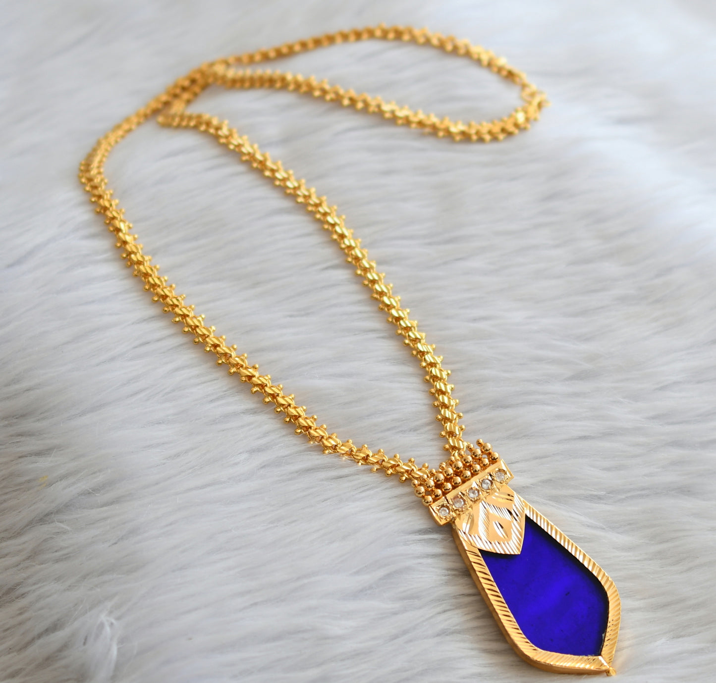 Gold tone kerala style 24 inches chain with blue-white nagapadam pendant dj-45958