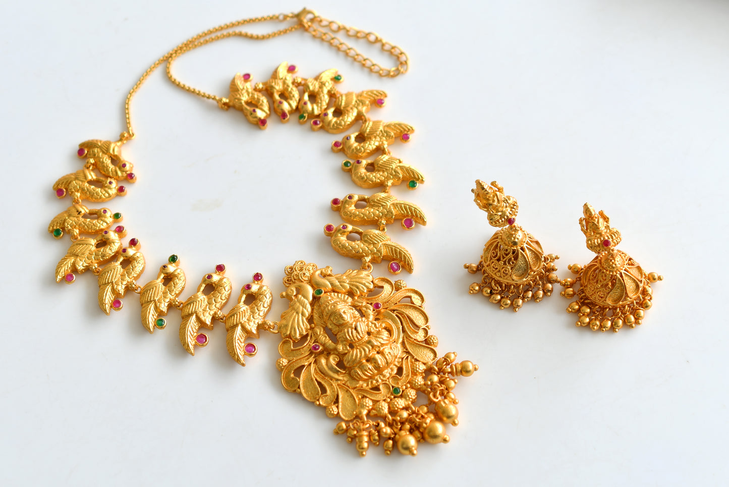 Gold tone Ruby-Green Lakshmi Peacock Necklace Set - DJ06632