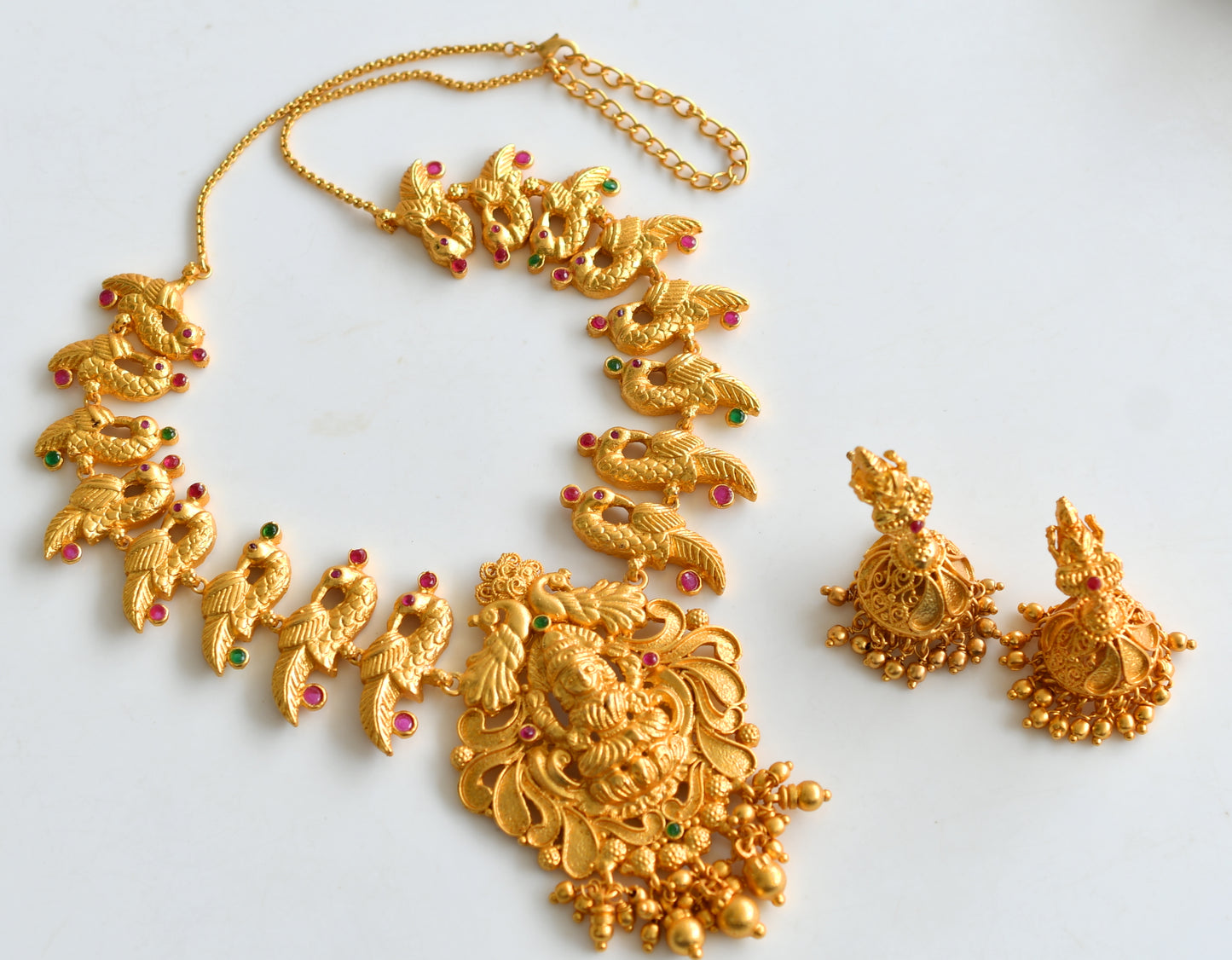 Gold tone Ruby-Green Lakshmi Peacock Necklace Set - DJ06632