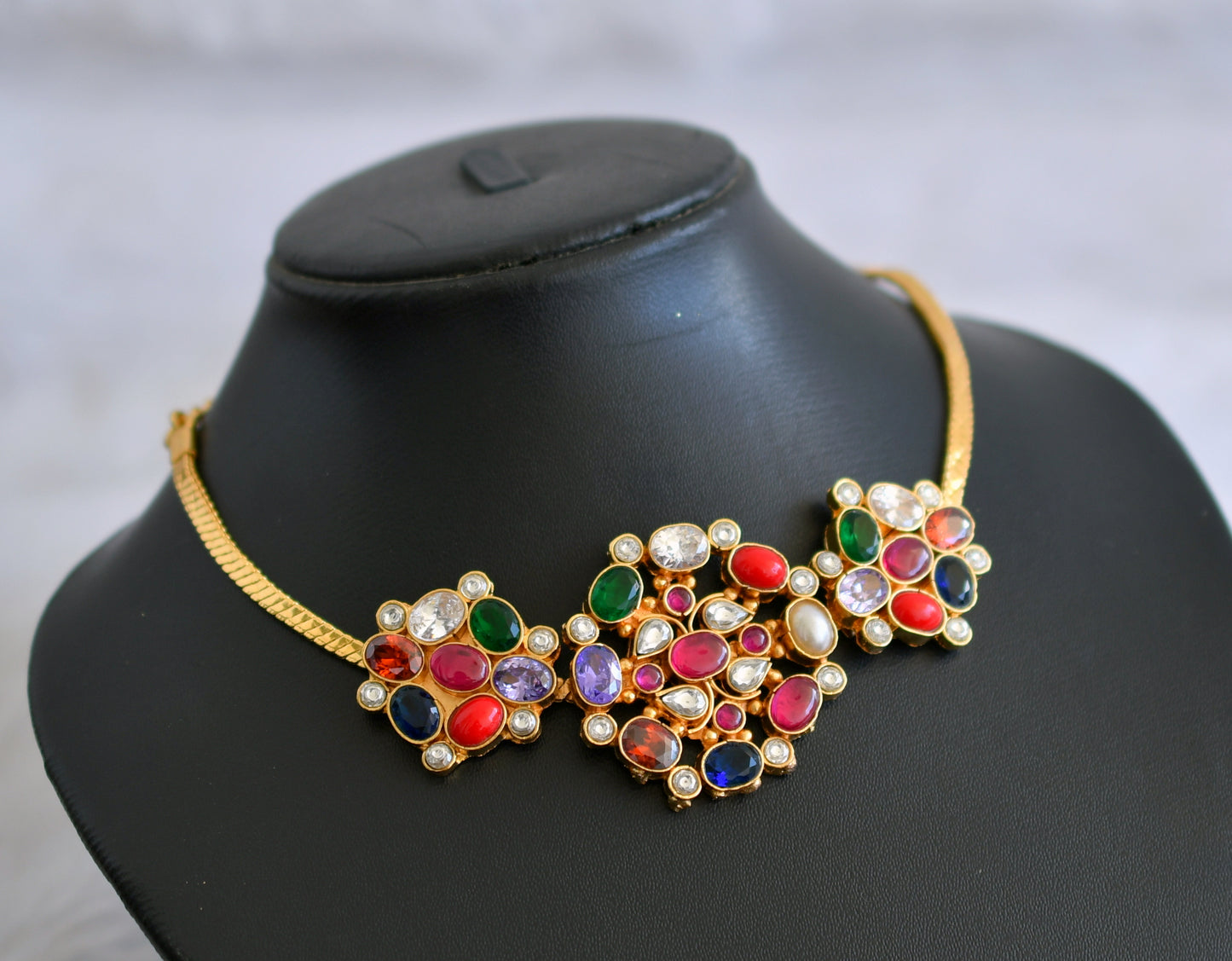 Gold tone navarathna stone choker necklace dj-47578