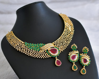 Gold tone ruby-green-white stone bridal necklace set dj-47577