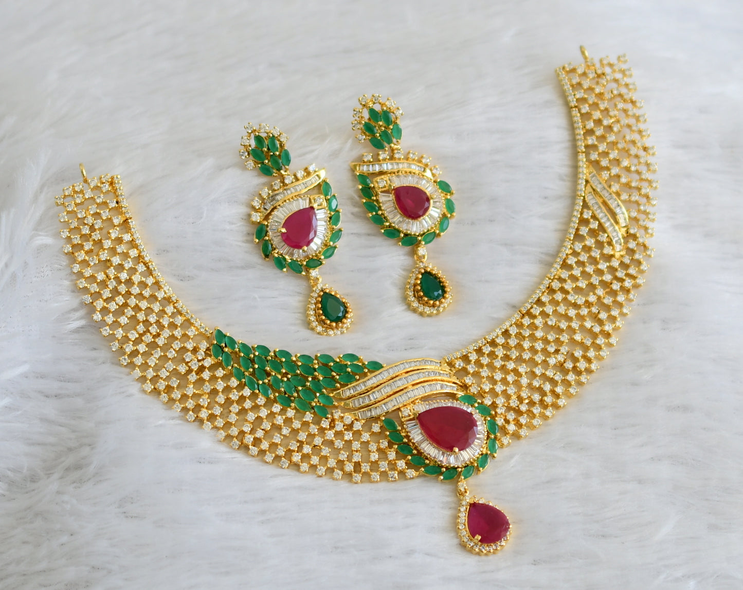 Gold tone ruby-green-white stone bridal necklace set dj-47577