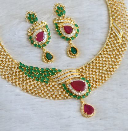 Gold tone ruby-green-white stone bridal necklace set dj-47577