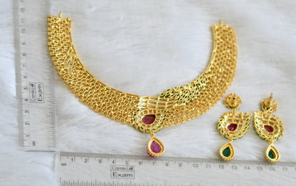 Gold tone ruby-green-white stone bridal necklace set dj-47577