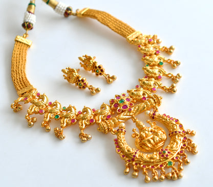 Gold tone Ruby-emerald Lakshmi Necklace With Screw Back Earrings -dj09669