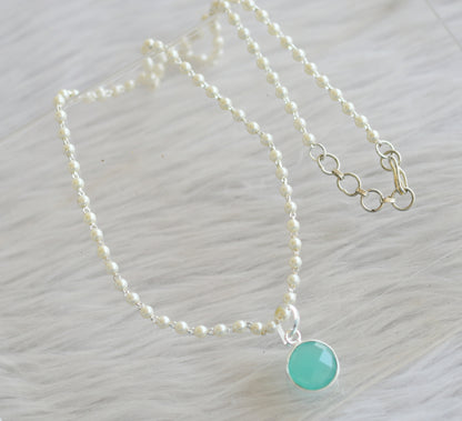 Silver tone 18 inches pearl chain with sea green small pendant dj-44185