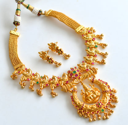 Gold tone Ruby-emerald Lakshmi Necklace With Screw Back Earrings -dj09669