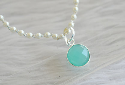 Silver tone 18 inches pearl chain with sea green small pendant dj-44185